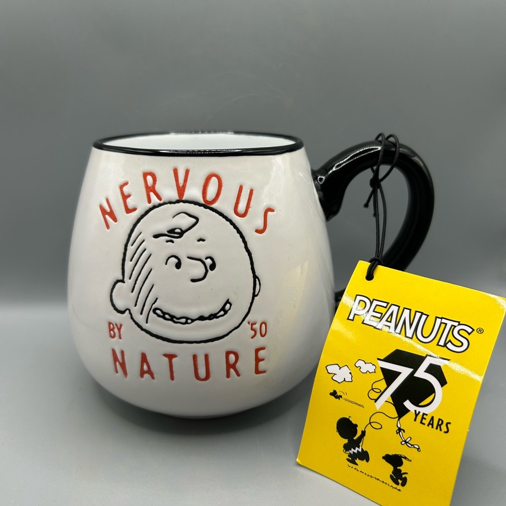 Peanuts Charlie Brown NERVOUS BY NATURE Mug 75 Years NEW
